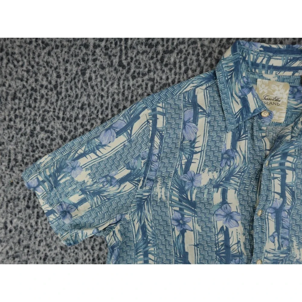 Tasso Elba Island Shirt Mens Large Blue‎ Excellent Silk Linen Tropical Floral